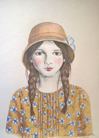 Drawing titled "fillette avec chape…" by Amena Nathan, Original Artwork, Pencil