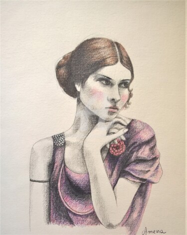 Drawing titled "jeune femme réveuse" by Amena Nathan, Original Artwork, Pencil