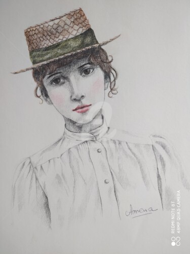 Drawing titled "portrait de jeune f…" by Amena Nathan, Original Artwork, Pencil