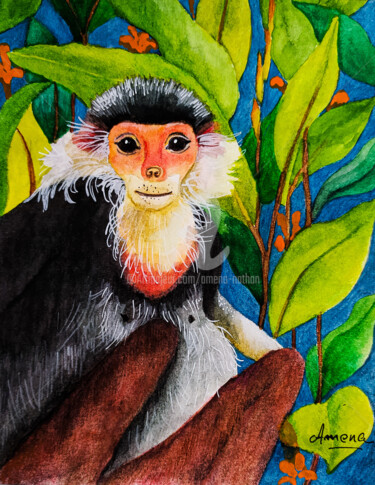 Peinture intitulée "petit singe" par Amena Nathan, Œuvre d'art originale, Gouache