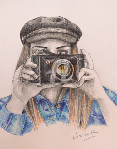 Drawing titled "photographe" by Amena Nathan, Original Artwork, Pencil