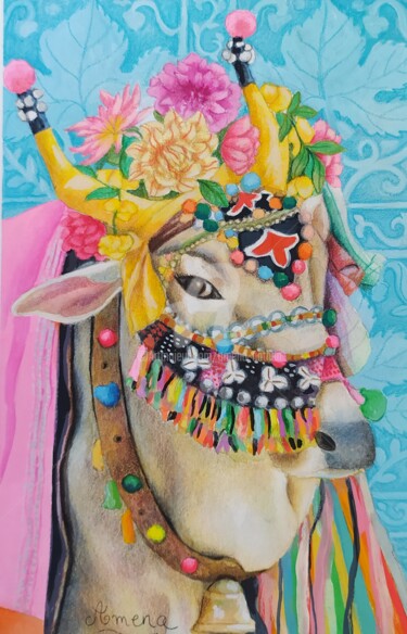 Painting titled "vache indienne" by Amena Nathan, Original Artwork, Gouache
