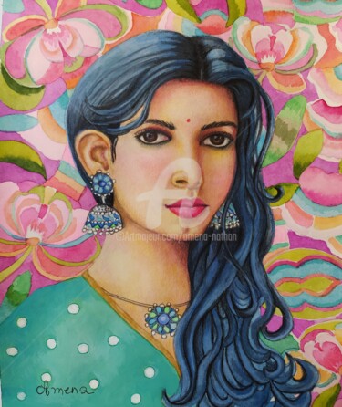 Painting titled "indian girl" by Amena Nathan, Original Artwork, Watercolor