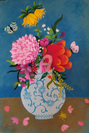 Painting titled "fleurs 3" by Amena Nathan, Original Artwork, Gouache