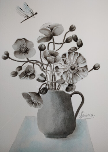 Dessin intitulée "Fleurs; variation3." par Amena Nathan, Œuvre d'art originale, Encre