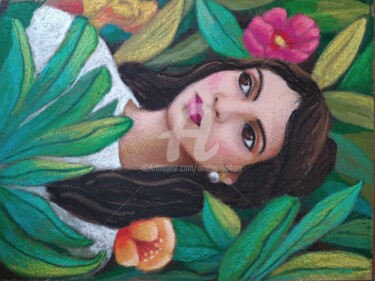 Peinture intitulée "jeune fille dans la…" par Amena Nathan, Œuvre d'art originale, Pastel