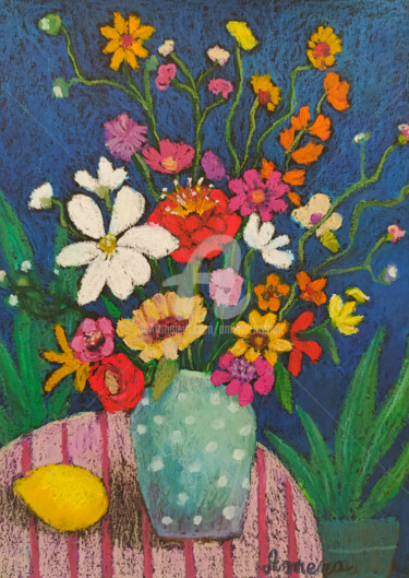 Pintura titulada "fleurs et citron" por Amena Nathan, Obra de arte original, Pastel