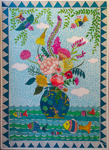 Σχέδιο με τίτλο "fleurs 4" από Amena Nathan, Αυθεντικά έργα τέχνης, Μαρκαδόρος