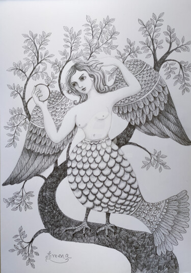 Dessin intitulée "femme oiseau" par Amena Nathan, Œuvre d'art originale, Crayon
