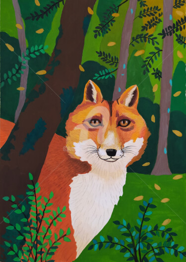 Peinture intitulée "le renard" par Amena Nathan, Œuvre d'art originale, Gouache