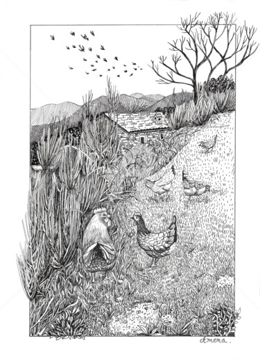 Desenho intitulada "Les poules" por Amena Nathan, Obras de arte originais, Tinta
