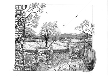 Zeichnungen mit dem Titel "paysage en Ardèche" von Amena Nathan, Original-Kunstwerk, Tinte