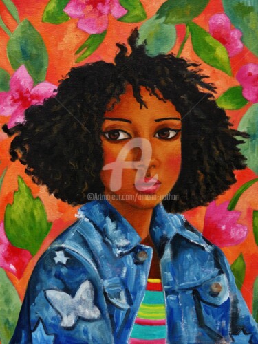 Painting titled "Portrait de jeune f…" by Amena Nathan, Original Artwork, Oil