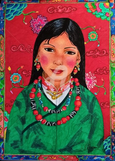 Pintura titulada "jeune tibétaine" por Amena Nathan, Obra de arte original, Otro