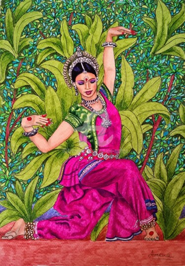 Dessin intitulée "danseuse indienne 1" par Amena Nathan, Œuvre d'art originale, Marqueur