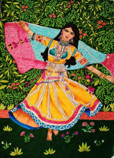 Dessin intitulée "danseuse indienne 2" par Amena Nathan, Œuvre d'art originale, Marqueur