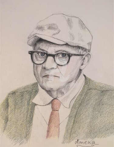 Dessin intitulée "David Hockney" par Amena Nathan, Œuvre d'art originale, Crayon