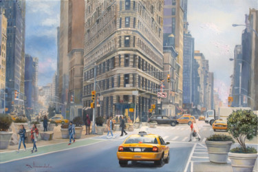 「Manhattan Cityscape…」というタイトルの絵画 Dominique Amendola (Amendolaart)によって, オリジナルのアートワーク, オイル ウッドストレッチャーフレームにマウント