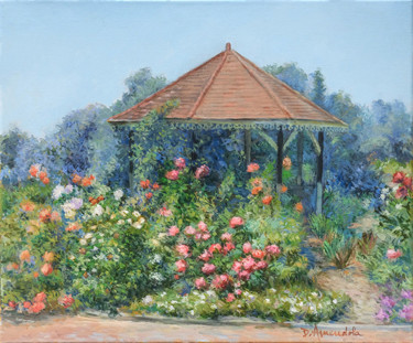 Painting titled "Gazebo with flowers" by Dominique Amendola (Amendolaart), Original Artwork, Oil Mounted on Wood Stretcher f…