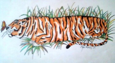 Drawing titled "tiger and butterfly" by Amey, Original Artwork