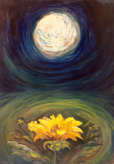 Painting titled "Moon and Sunflower…" by Amgad Edward, Original Artwork, Oil
