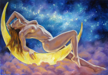Painting titled "Moon passion" by Kostiantyn Shyptia, Original Artwork, Oil Mounted on Wood Stretcher frame