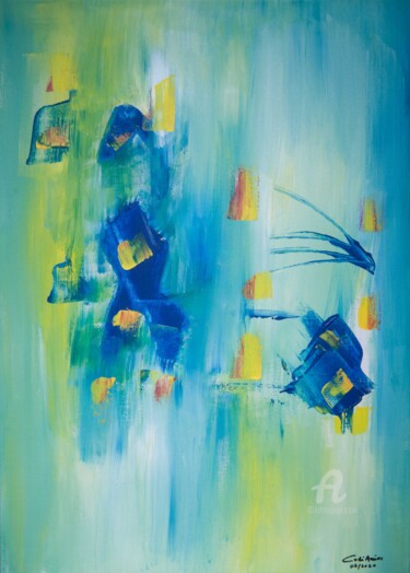 Schilderij getiteld "Baleine bleue" door Amine Cadi, Origineel Kunstwerk, Acryl Gemonteerd op Frame voor houten brancard