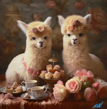 Painting titled "' Alpaca sisters '" by Amirata Winter, Original Artwork, Acrylic Mounted on Cardboard