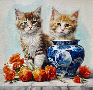 Картина под названием "Dutch kittens" - Amirata Winter, Подлинное произведение искусства, Акварель