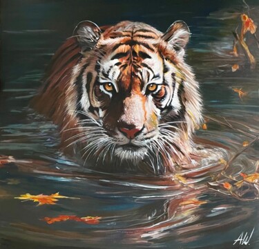 Painting titled "Tiger swimming - cl…" by Amirata Winter, Original Artwork, Acrylic Mounted on Cardboard