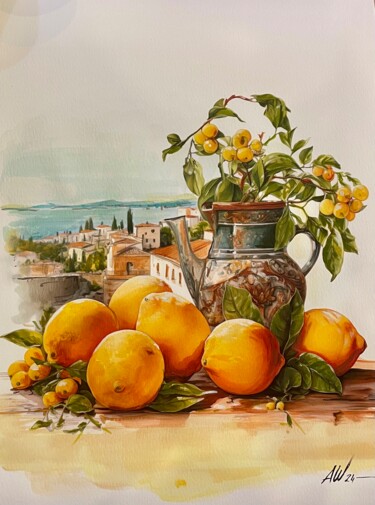 Schilderij getiteld "Limoni di Trapani" door Amirata Winter, Origineel Kunstwerk, Aquarel