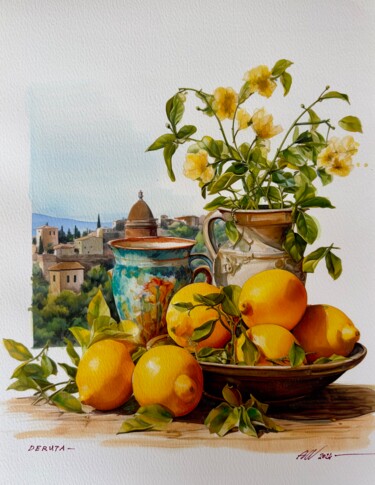 Pintura intitulada "I limoni di Deruta" por Amirata Winter, Obras de arte originais, Aquarela