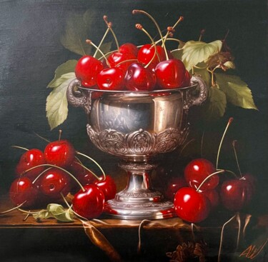 Painting titled "Cherries still life" by Amirata Winter, Original Artwork, Acrylic Mounted on Wood Panel