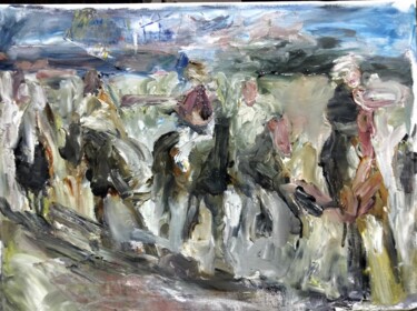 Painting titled ""Bunch of horses"" by Amit Ari, Original Artwork, Oil Mounted on Wood Stretcher frame