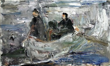Malerei mit dem Titel ""Three man in the b…" von Amit Ari, Original-Kunstwerk, Öl