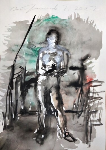 Peinture intitulée ""Standing woman in…" par Amit Ari, Œuvre d'art originale, Gouache