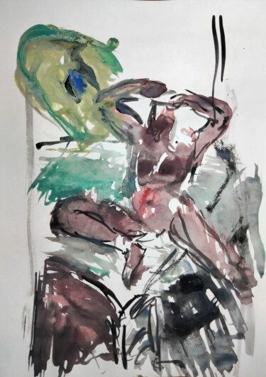 Painting titled ""Woman under a big…" by Amit Ari, Original Artwork, Gouache