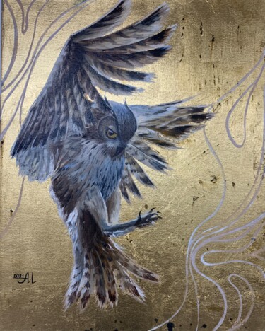 Painting titled "Owl" by Amix Alena, Original Artwork, Oil Mounted on Wood Stretcher frame