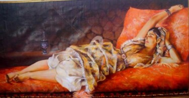 Painting titled "Esperando En el Sofa" by Amkhaou, Original Artwork, Oil
