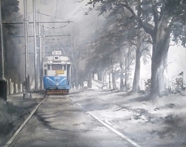 Painting titled "Kolkata blue tram" by Amlan Dutta, Original Artwork, Acrylic