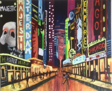 Painting titled "Nuit à New York City" by Amma, Original Artwork, Acrylic