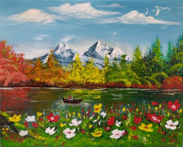 Pittura intitolato "O Lago e a Montanha" da Amóes Xavier, Opera d'arte originale, Acrilico