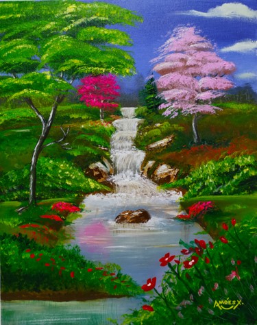 Pintura intitulada "Cachoeira e Ipês" por Amóes Xavier, Obras de arte originais, Acrílico