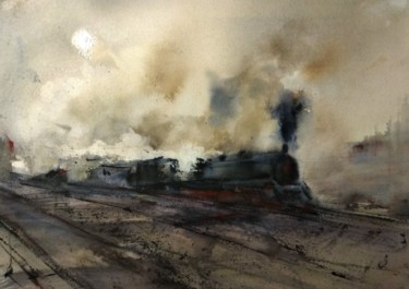 Pintura intitulada "Tren vapor" por Ana Maria Rodriguez Romero, Obras de arte originais, Aquarela