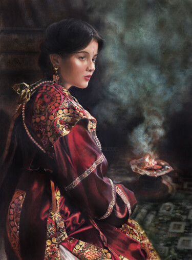 Painting titled "waiting for the bel…" by Amy Jiang, Original Artwork, Oil Mounted on Wood Stretcher frame