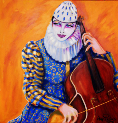 Painting titled ""PIERROT AVEC CELLO"" by Amy Polling, Original Artwork, Oil