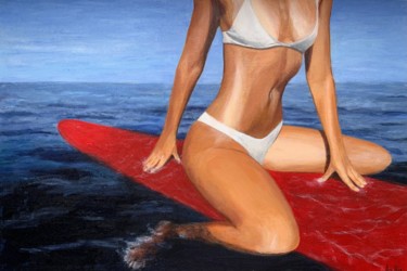 Painting titled "Surfer girl -Surfin…" by Anastasiia Nikolaeva, Original Artwork, Acrylic Mounted on Cardboard