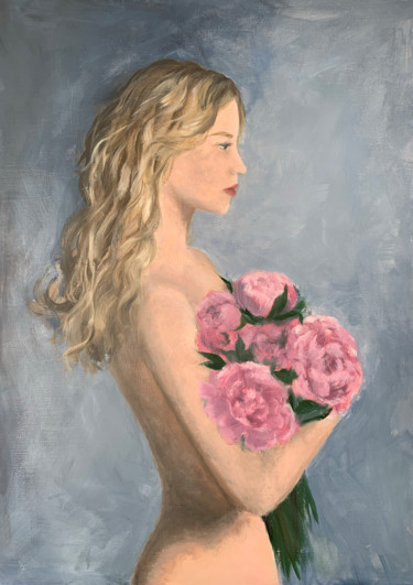 Картина под названием "Girl with flowers-P…" - Anastasiia Nikolaeva, Подлинное произведение искусства, Масло Установлен на Д…