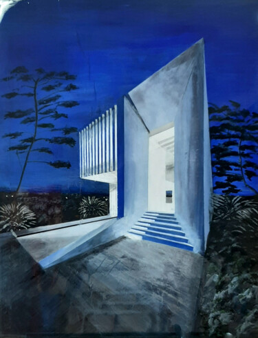 Картина под названием "House in blue and w…" - Ana Del Castillo Ibarrola, Подлинное произведение искусства, Пигменты