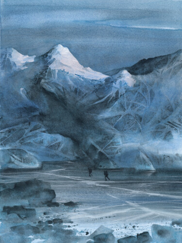 Painting titled "Frozen lake" by Ana Maria Cosma, Original Artwork, Watercolor